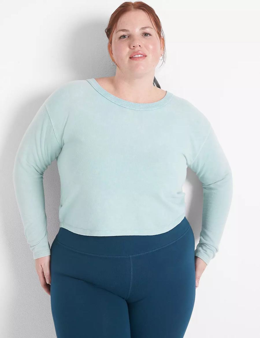 Lane Bryant LIVI Crop Boatneck Ruched-Detail Women Sweatshirts Light Green | ERT1881ZN