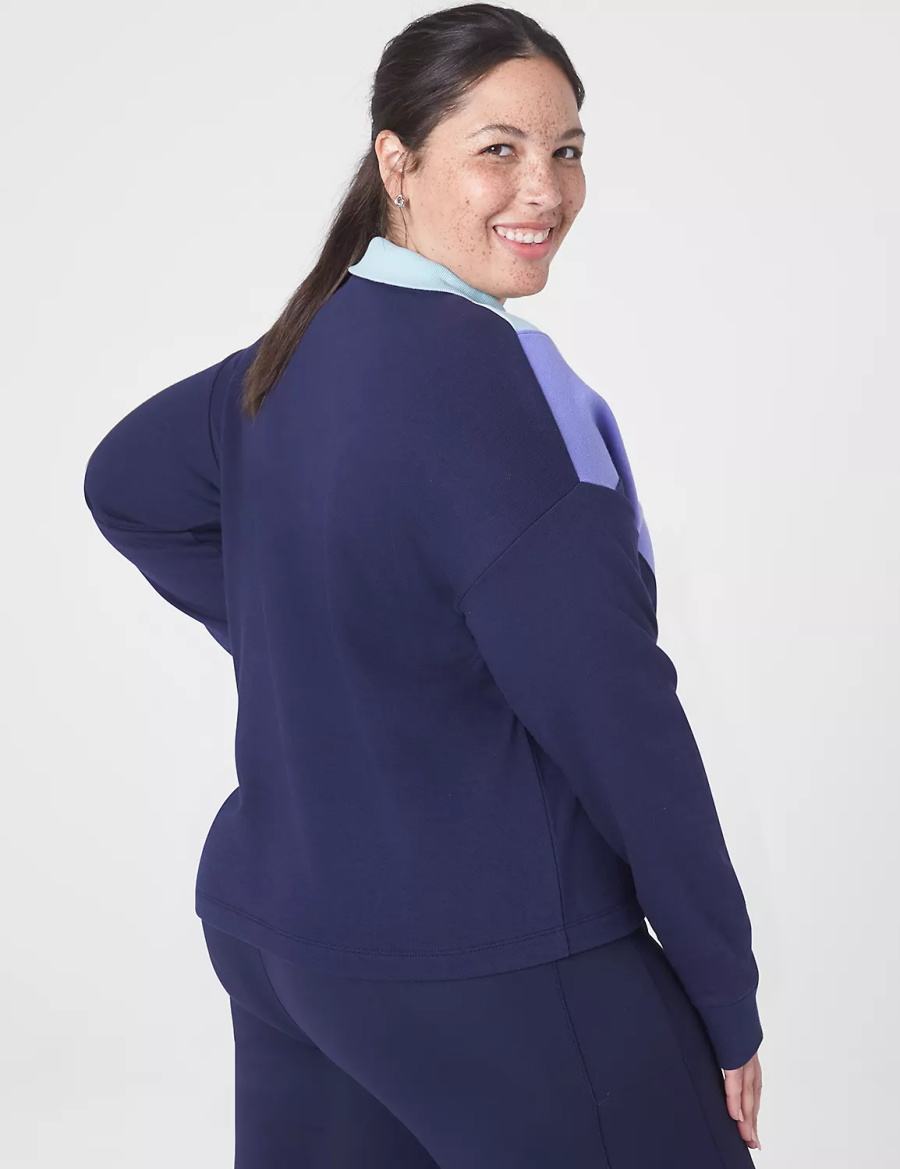 Lane Bryant LIVI Crop Zip-Neck Seamed Women Sweatshirts Dark Blue | ZGM9832VB