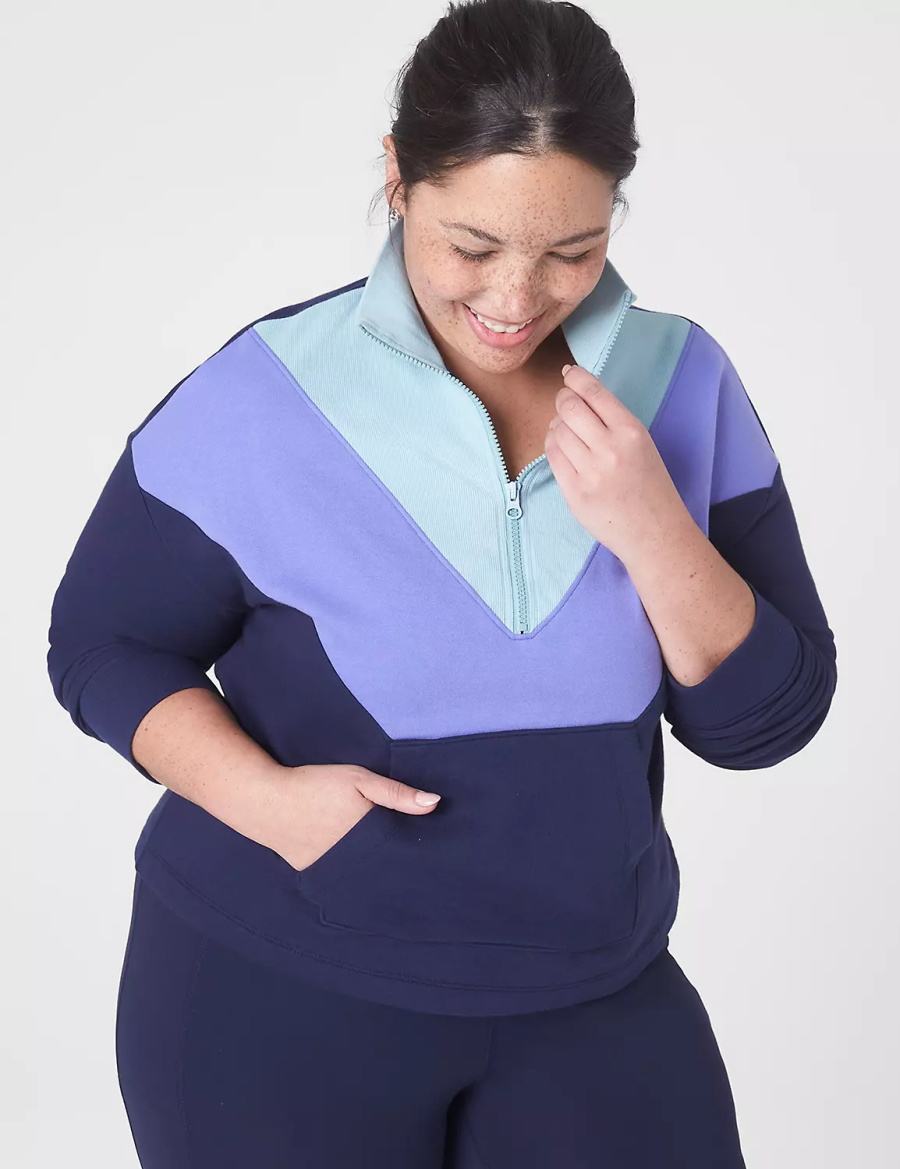 Lane Bryant LIVI Crop Zip-Neck Seamed Women Sweatshirts Dark Blue | ZGM9832VB