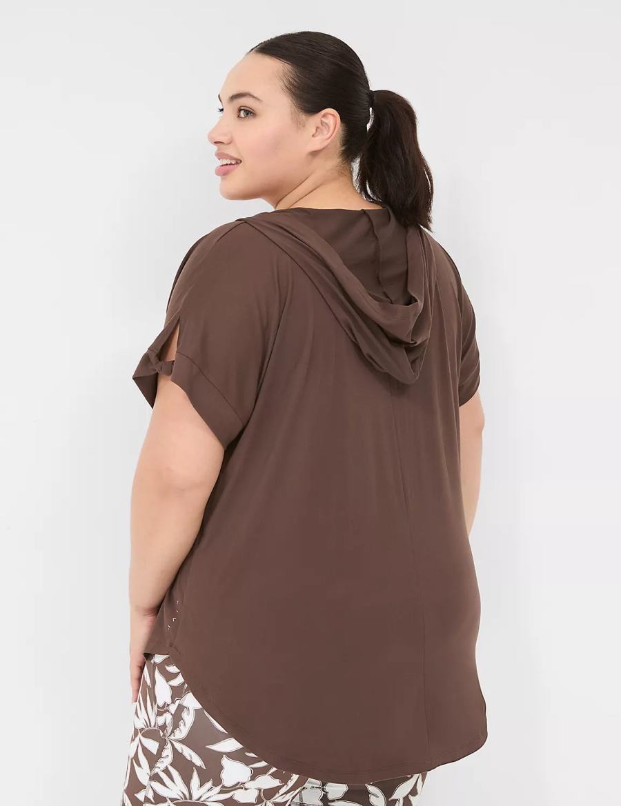 Lane Bryant LIVI Knot-Sleeve Recycled LIVI Soft Hooded Tunic Women T Shirts Dark Brown | LQA4973XT