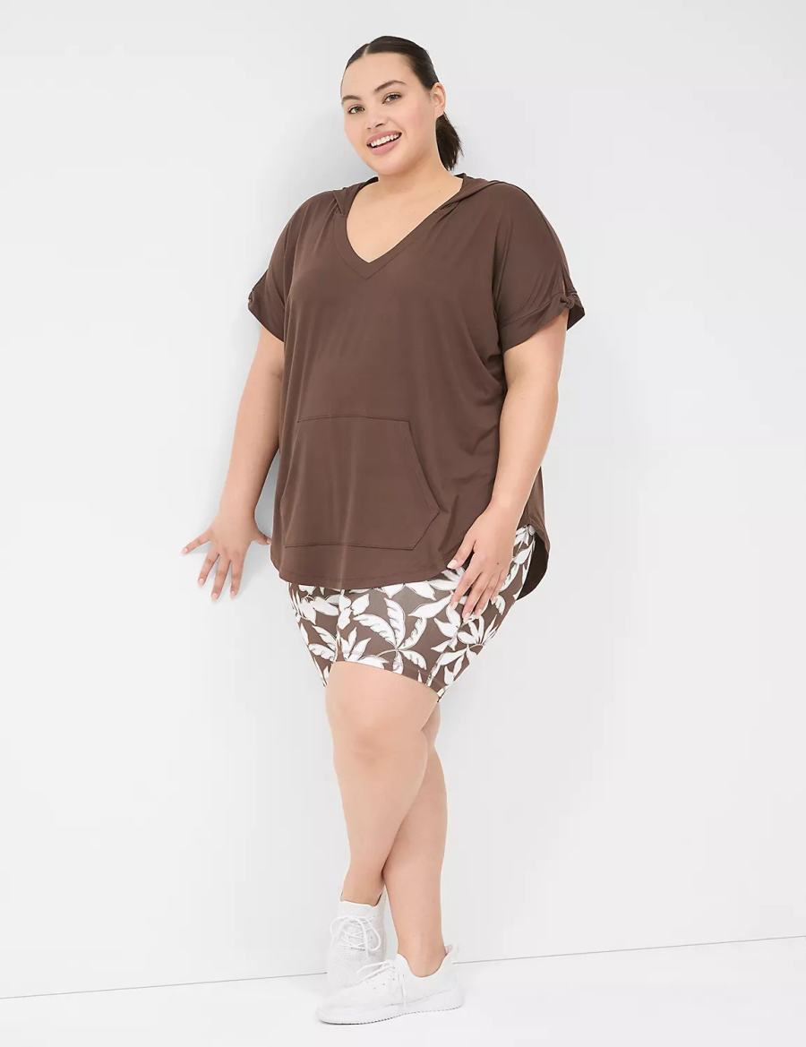 Lane Bryant LIVI Knot-Sleeve Recycled LIVI Soft Hooded Tunic Women T Shirts Dark Brown | LQA4973XT