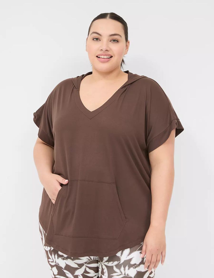 Lane Bryant LIVI Knot-Sleeve Recycled LIVI Soft Hooded Tunic Women T Shirts Dark Brown | LQA4973XT