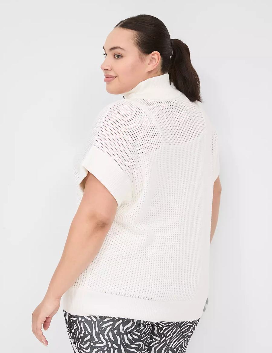 Lane Bryant LIVI Short-Sleeve Half-Zip Mesh Women Sweaters White | AWF5736WC