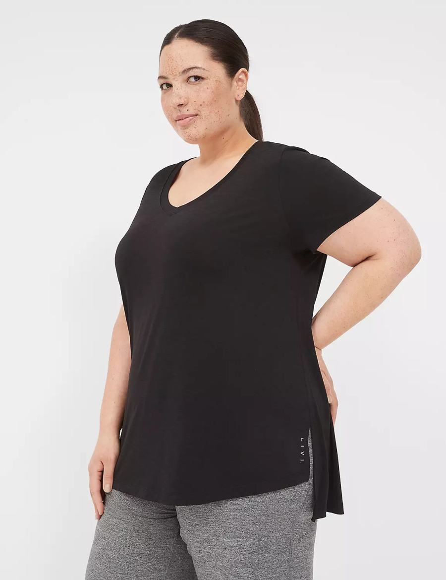 Lane Bryant LIVI V-Neck Ruched-Back Tee Women T Shirts Black | WKE443MV