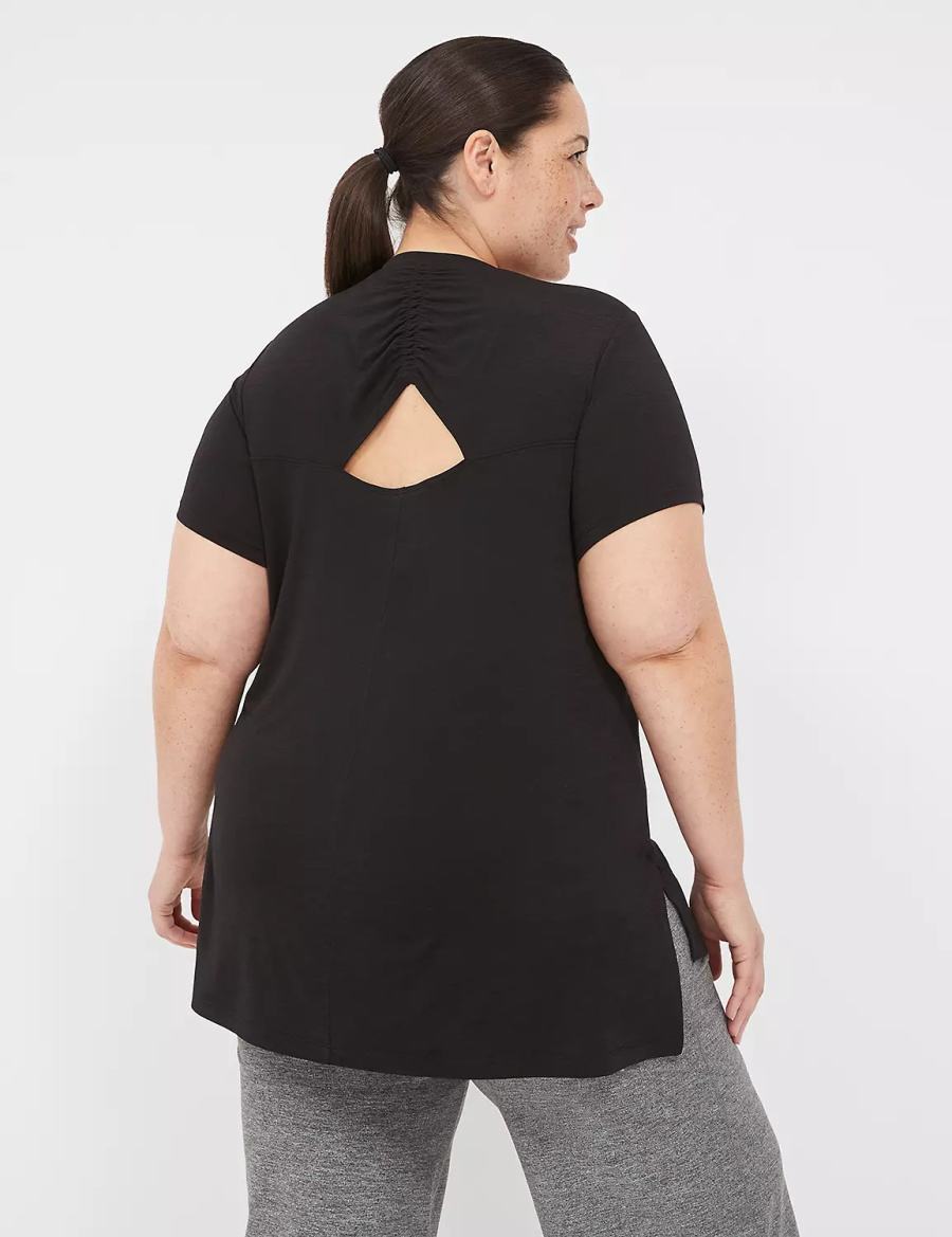 Lane Bryant LIVI V-Neck Ruched-Back Tee Women T Shirts Black | WKE443MV