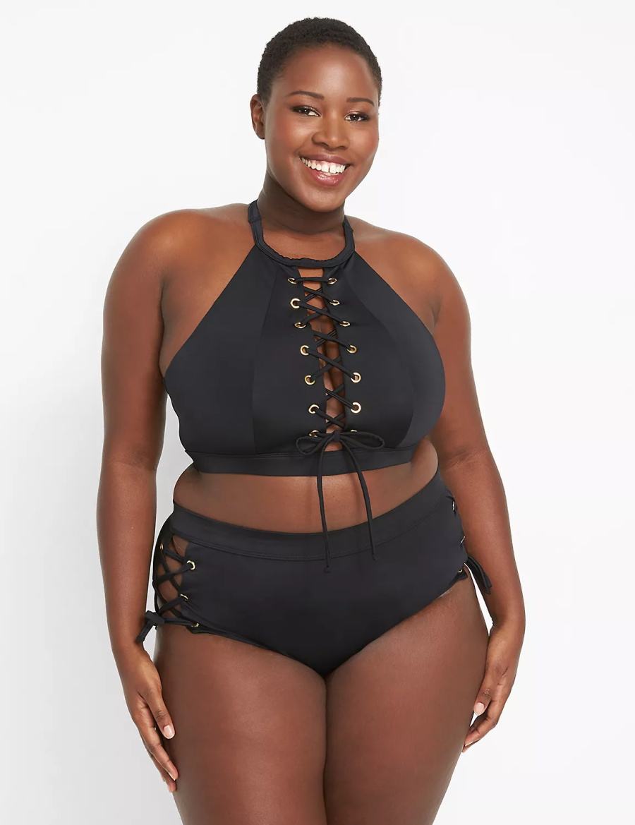 Lane Bryant Lace-Up High-Waist Swim Women Briefs Black | GRG7116CO