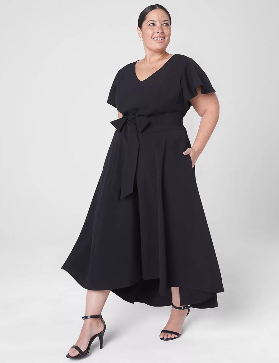 Lane Bryant Lena V-Neck High-Low Women Midi Dress Black | PMW6361YG