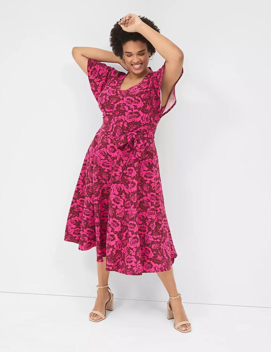 Lane Bryant Lena V-Neck Level-Hem Women Midi Dress Pink | JOF4618WN