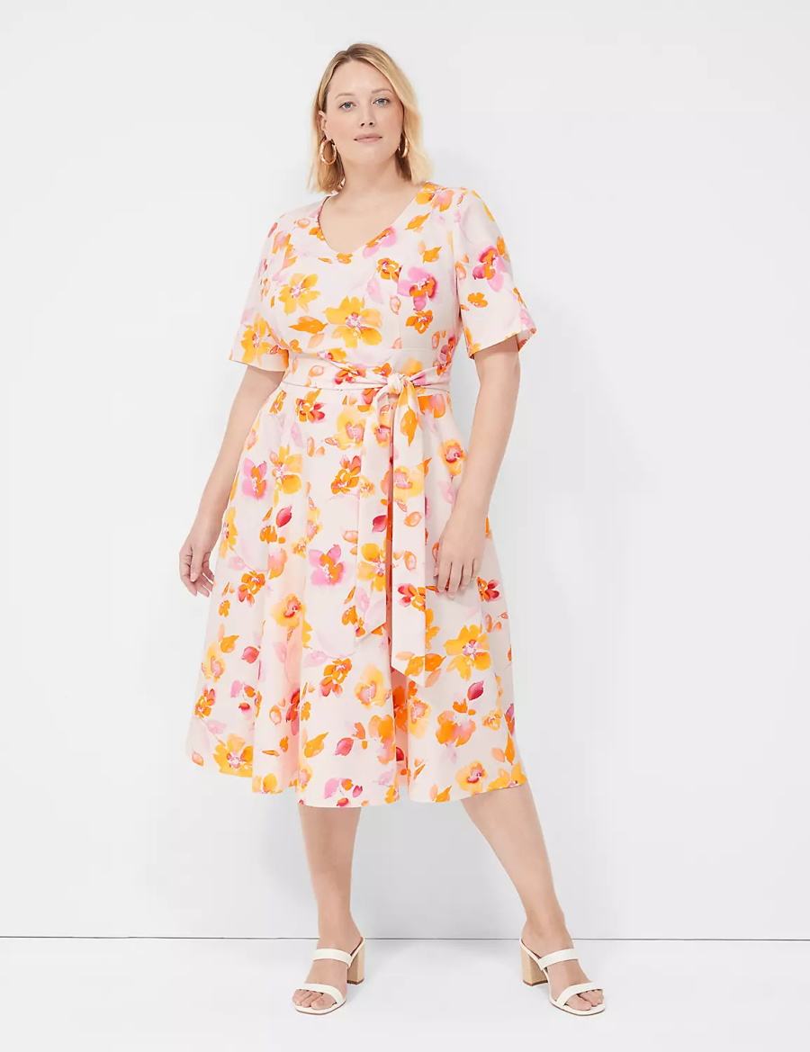 Lane Bryant Lena V-Neck Level-Hem Women Midi Dress Pink Orange | XXU2880FR