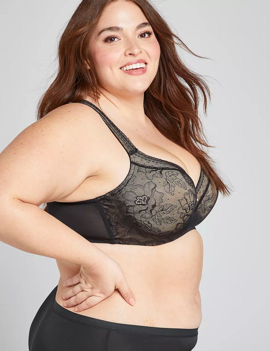 Lane Bryant Lightly Lined With Lace Women Balconette Bra Black | WRY2130NC