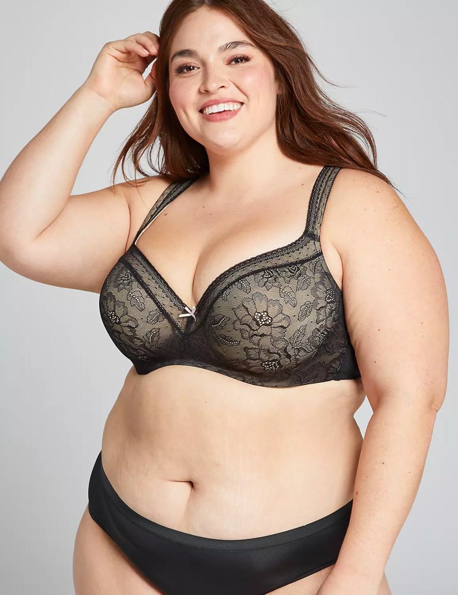 Lane Bryant Lightly Lined With Lace Women Balconette Bra Black | WRY2130NC