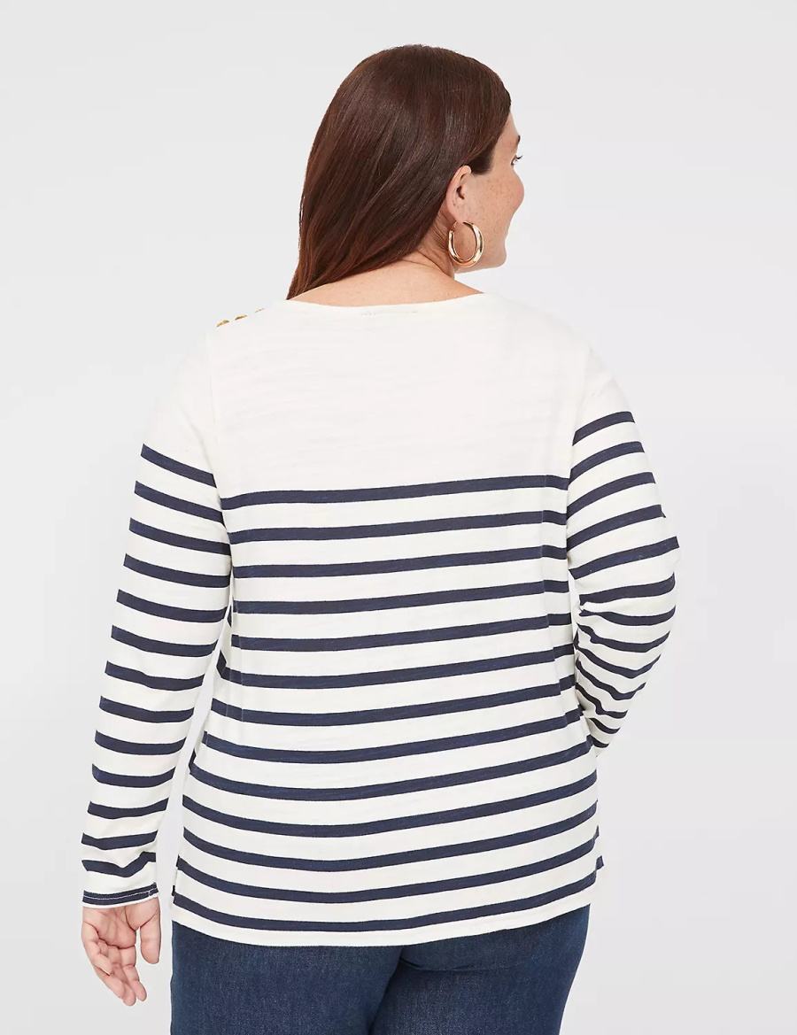 Lane Bryant Long-Sleeve Boatneck Top Women T Shirts Navy Stripes | YRI6944OF