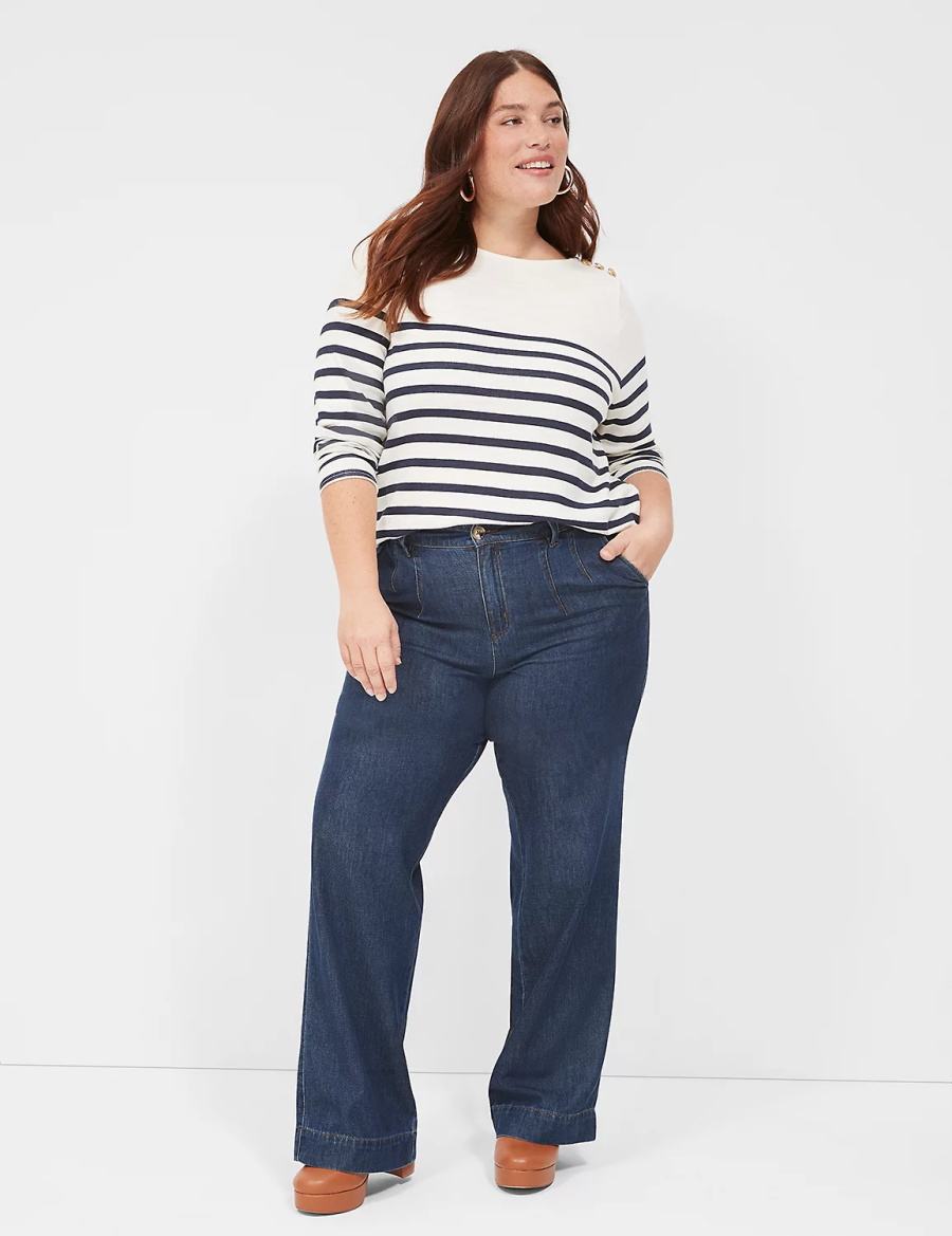 Lane Bryant Long-Sleeve Boatneck Top Women T Shirts Navy Stripes | YRI6944OF