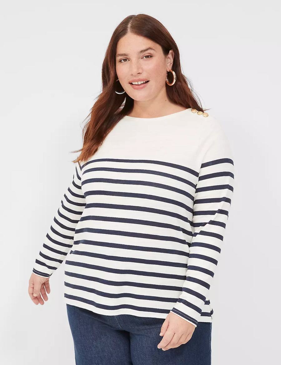 Lane Bryant Long-Sleeve Boatneck Top Women T Shirts Navy Stripes | YRI6944OF