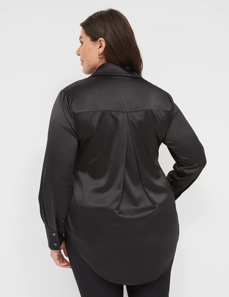 Lane Bryant Long-Sleeve Button-Down Satin Women Shirts Black | CWG4030XZ