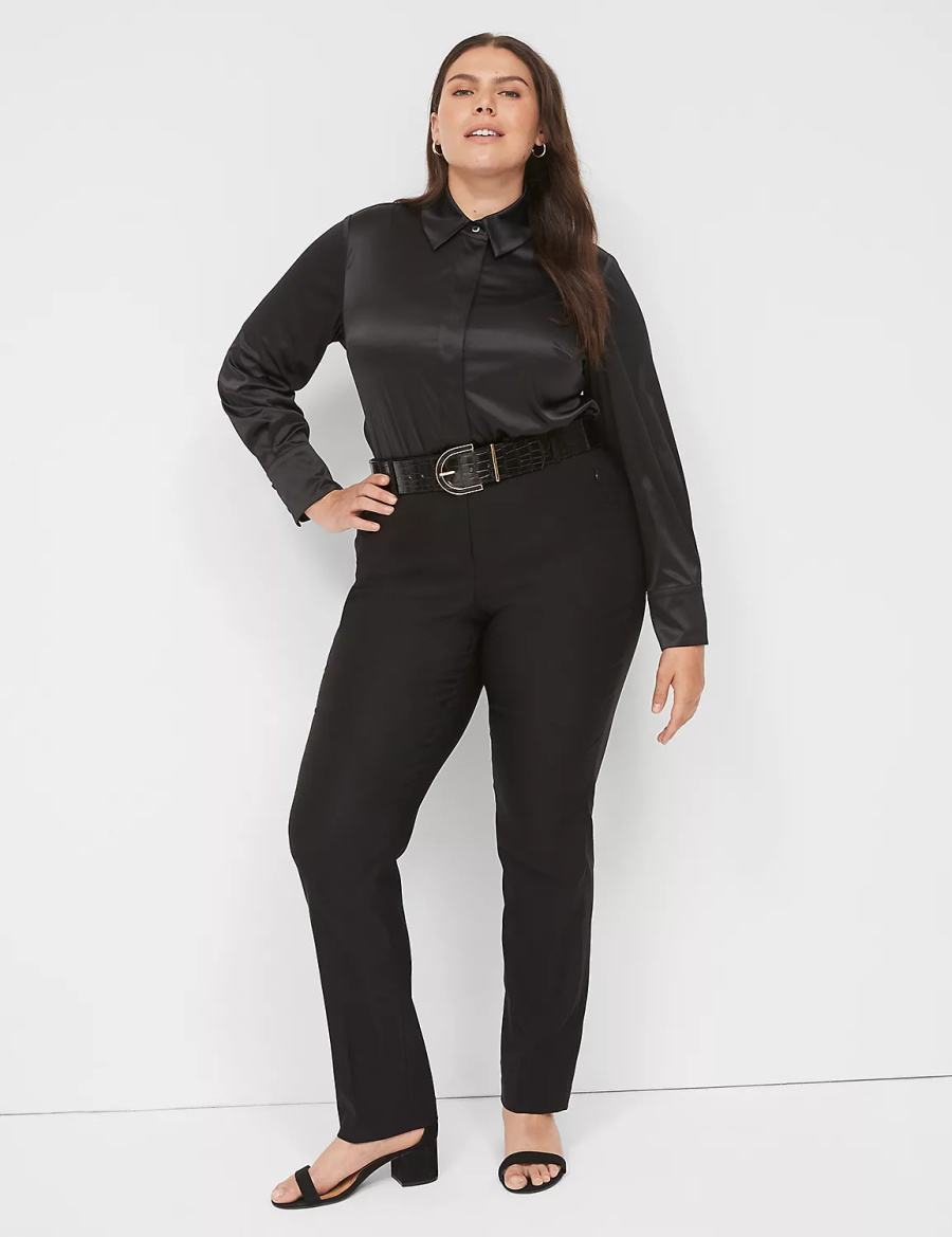 Lane Bryant Long-Sleeve Button-Down Satin Women Shirts Black | CWG4030XZ