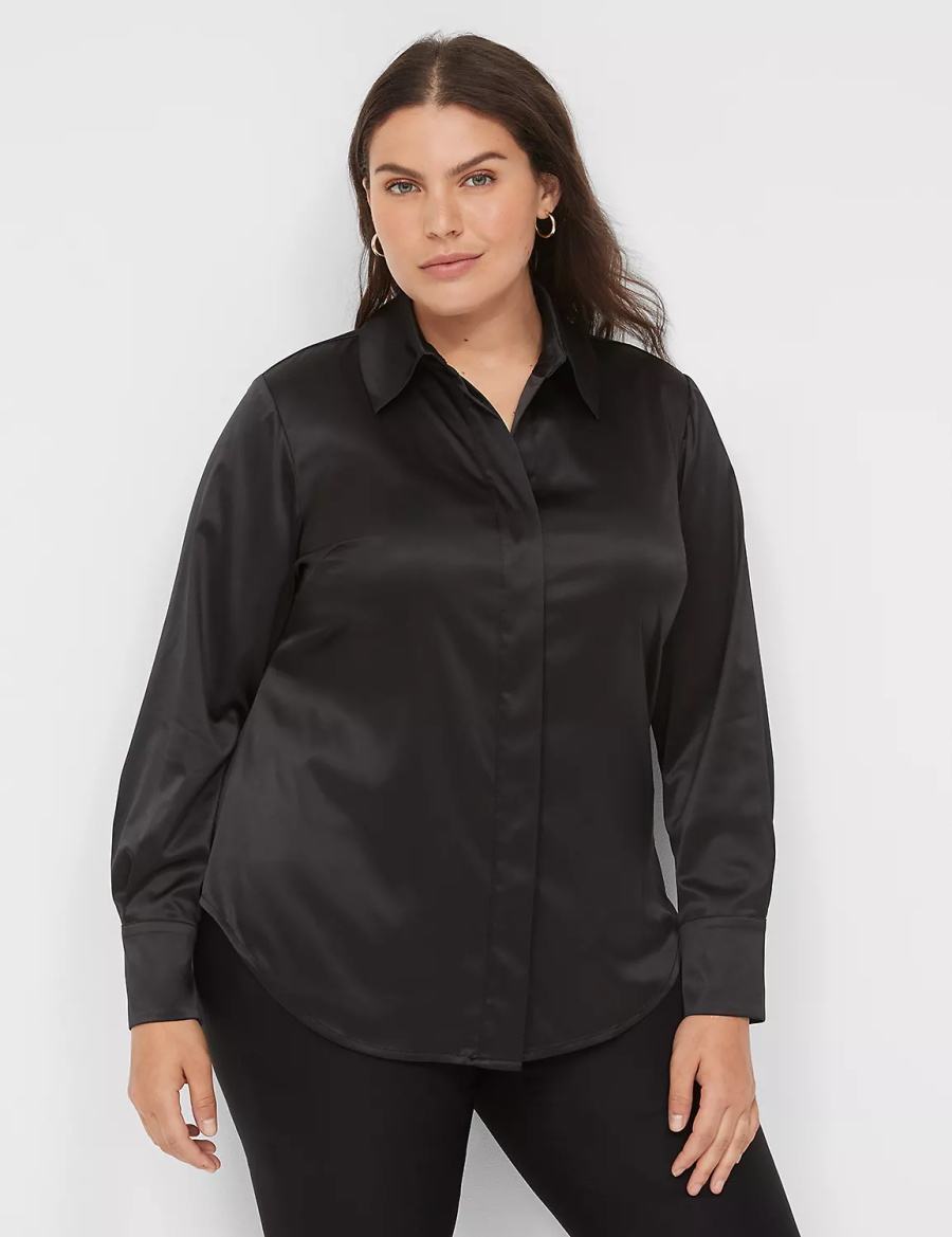 Lane Bryant Long-Sleeve Button-Down Satin Women Shirts Black | CWG4030XZ