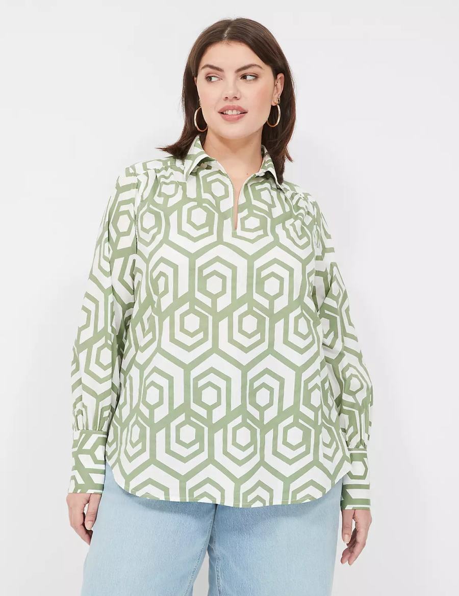 Lane Bryant Long-Sleeve Collar Popover Women Shirts Green | DKY8914KZ