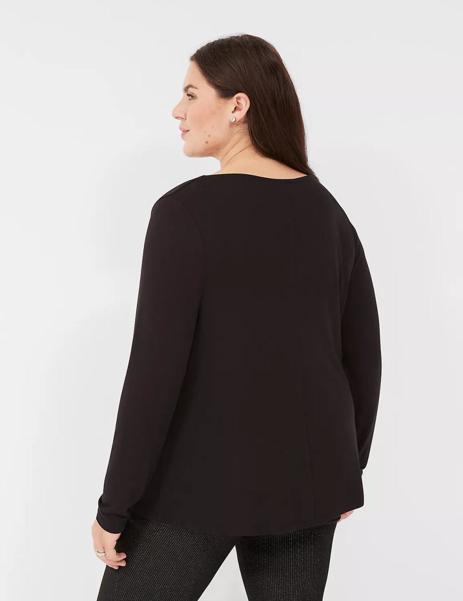 Lane Bryant Long-Sleeve Drape-Neck Top Women T Shirts Black | GVT7555LF