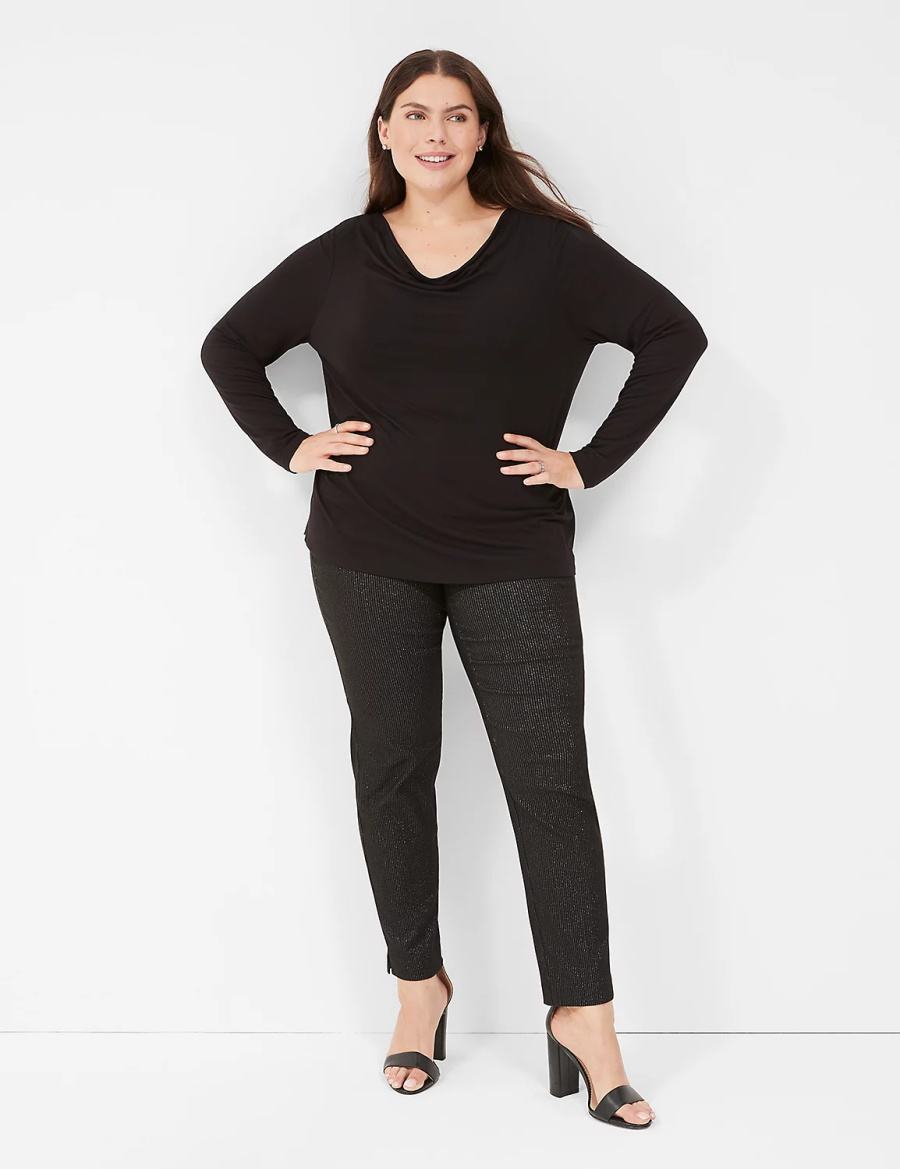 Lane Bryant Long-Sleeve Drape-Neck Top Women T Shirts Black | GVT7555LF