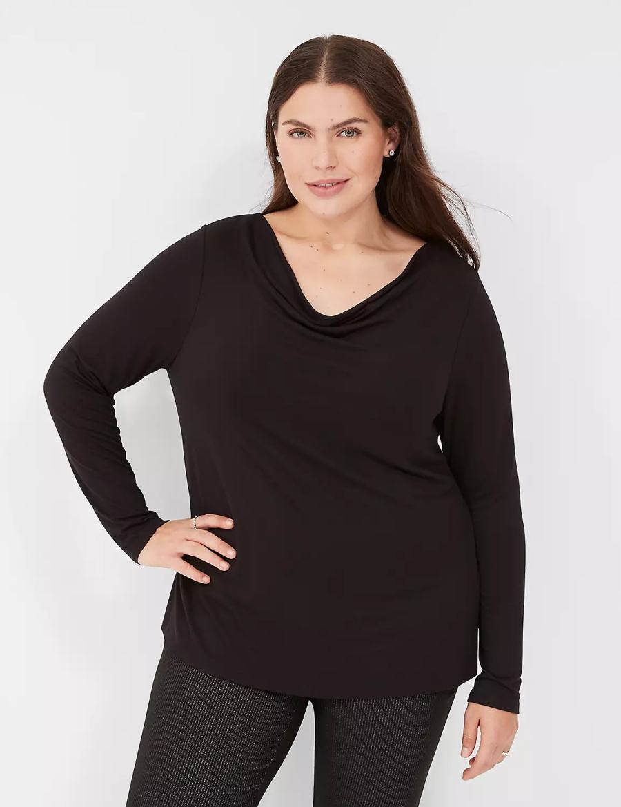 Lane Bryant Long-Sleeve Drape-Neck Top Women T Shirts Black | GVT7555LF