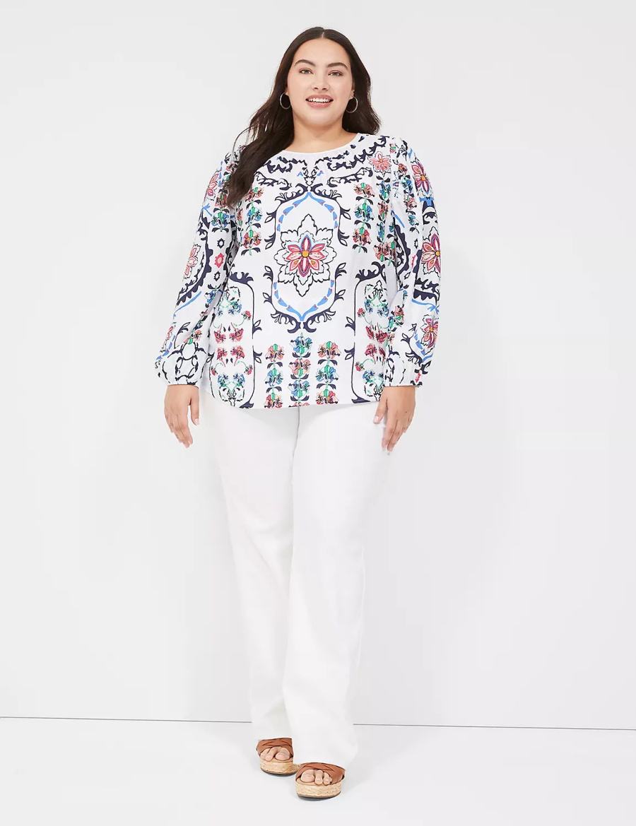 Lane Bryant Long-Sleeve Peasant Women Blouse White Multicolor | LKC973DD