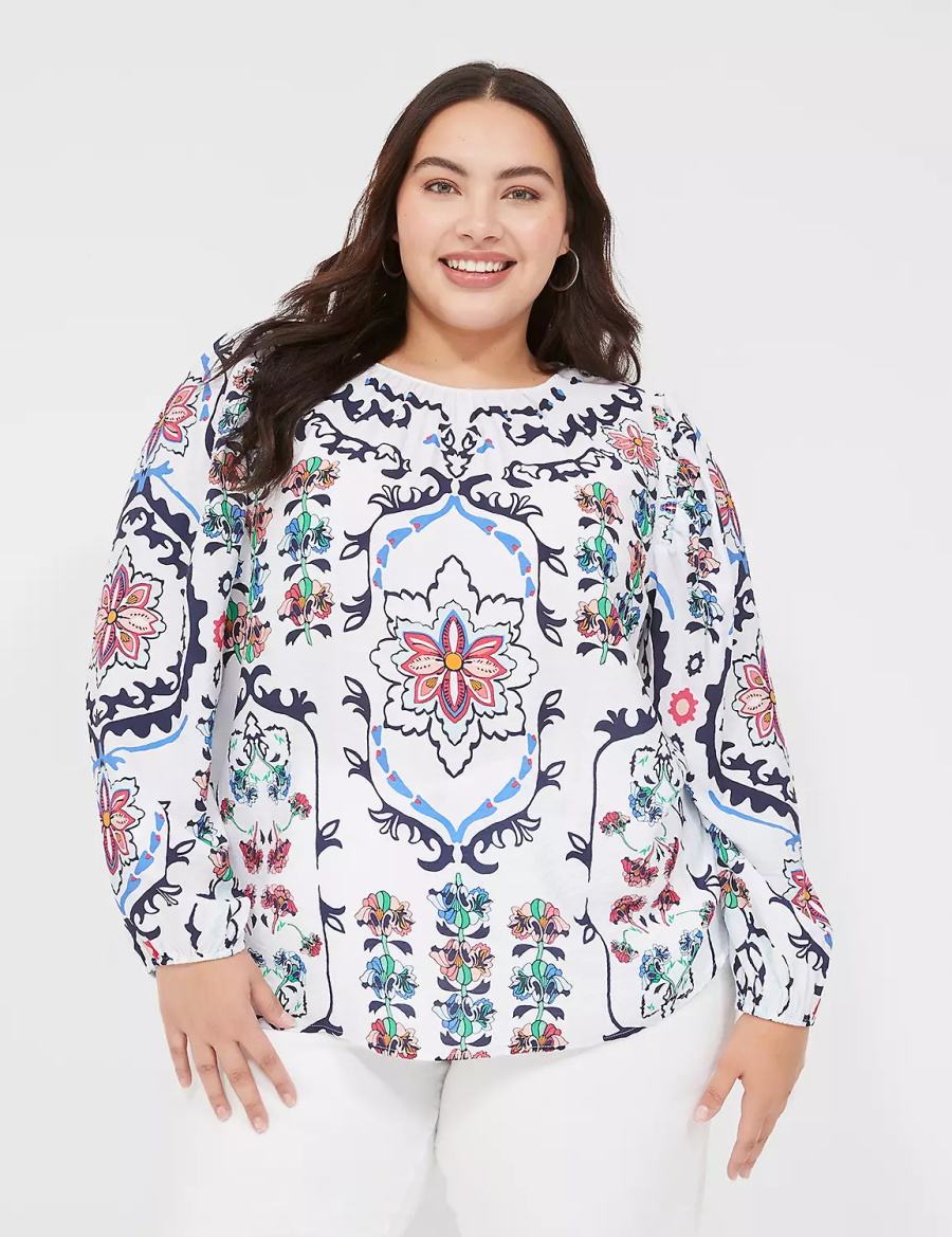 Lane Bryant Long-Sleeve Peasant Women Blouse White Multicolor | LKC973DD