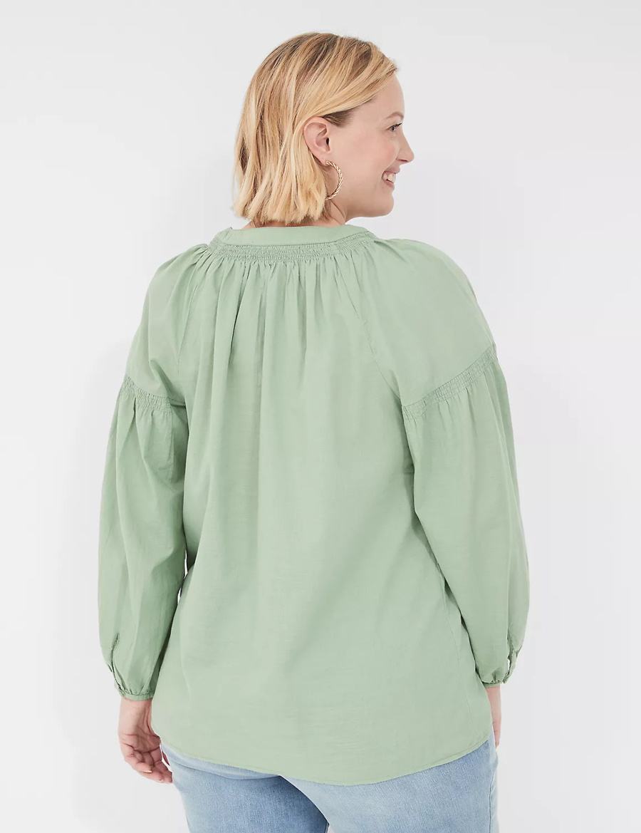 Lane Bryant Long-Sleeve Split-Neck Popover Women Shirts Light Green | MCG4445UC