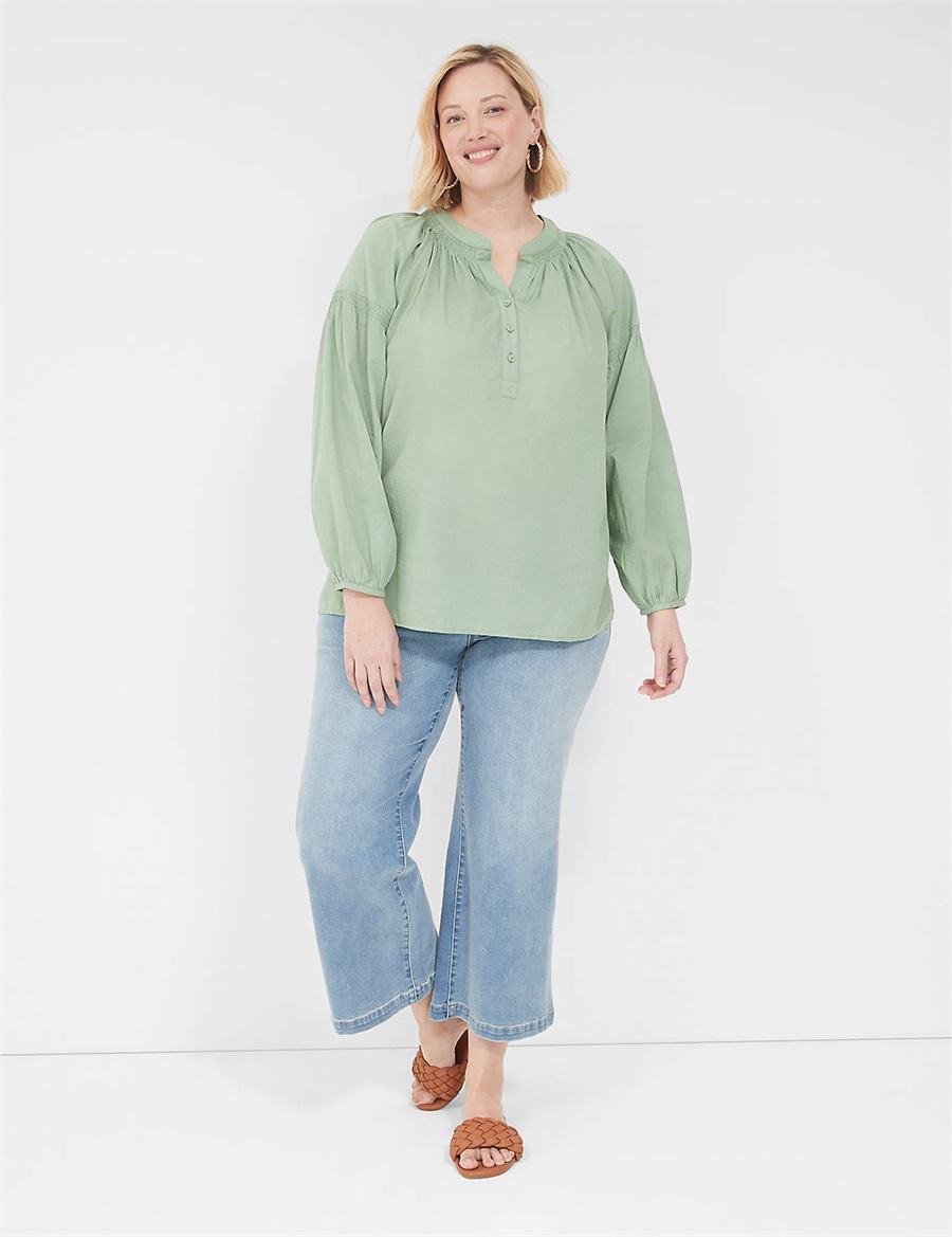 Lane Bryant Long-Sleeve Split-Neck Popover Women Shirts Light Green | MCG4445UC