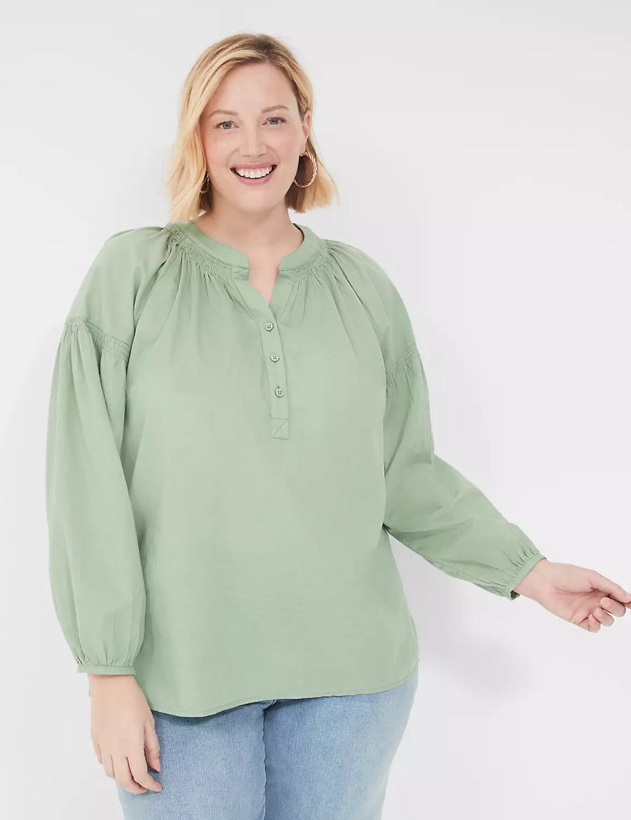 Lane Bryant Long-Sleeve Split-Neck Popover Women Shirts Light Green | MCG4445UC