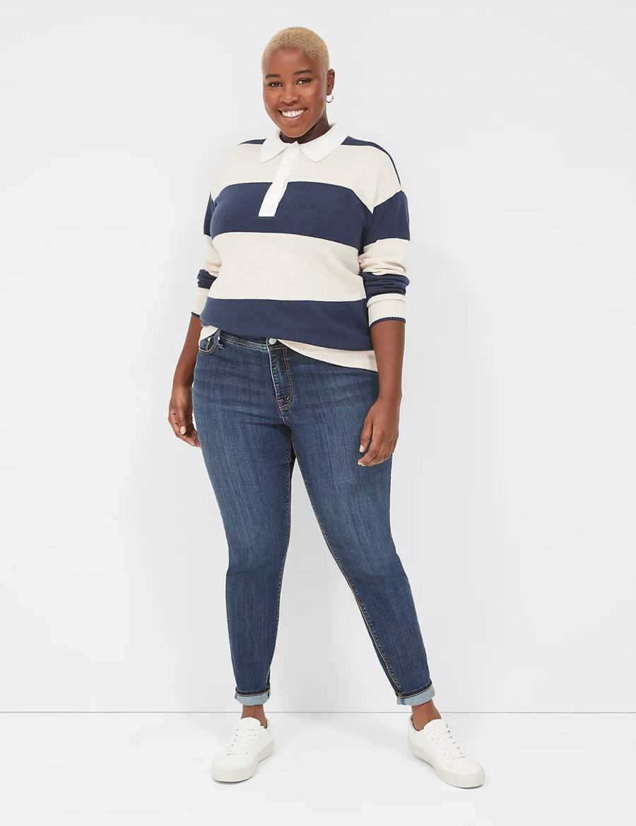 Lane Bryant Long-Sleeve Stripe Polo Women Sweaters Navy Stripes | KKV1152RI