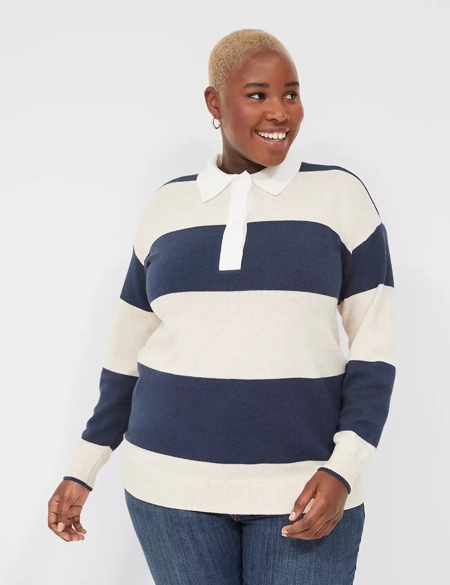 Lane Bryant Long-Sleeve Stripe Polo Women Sweaters Navy Stripes | KKV1152RI