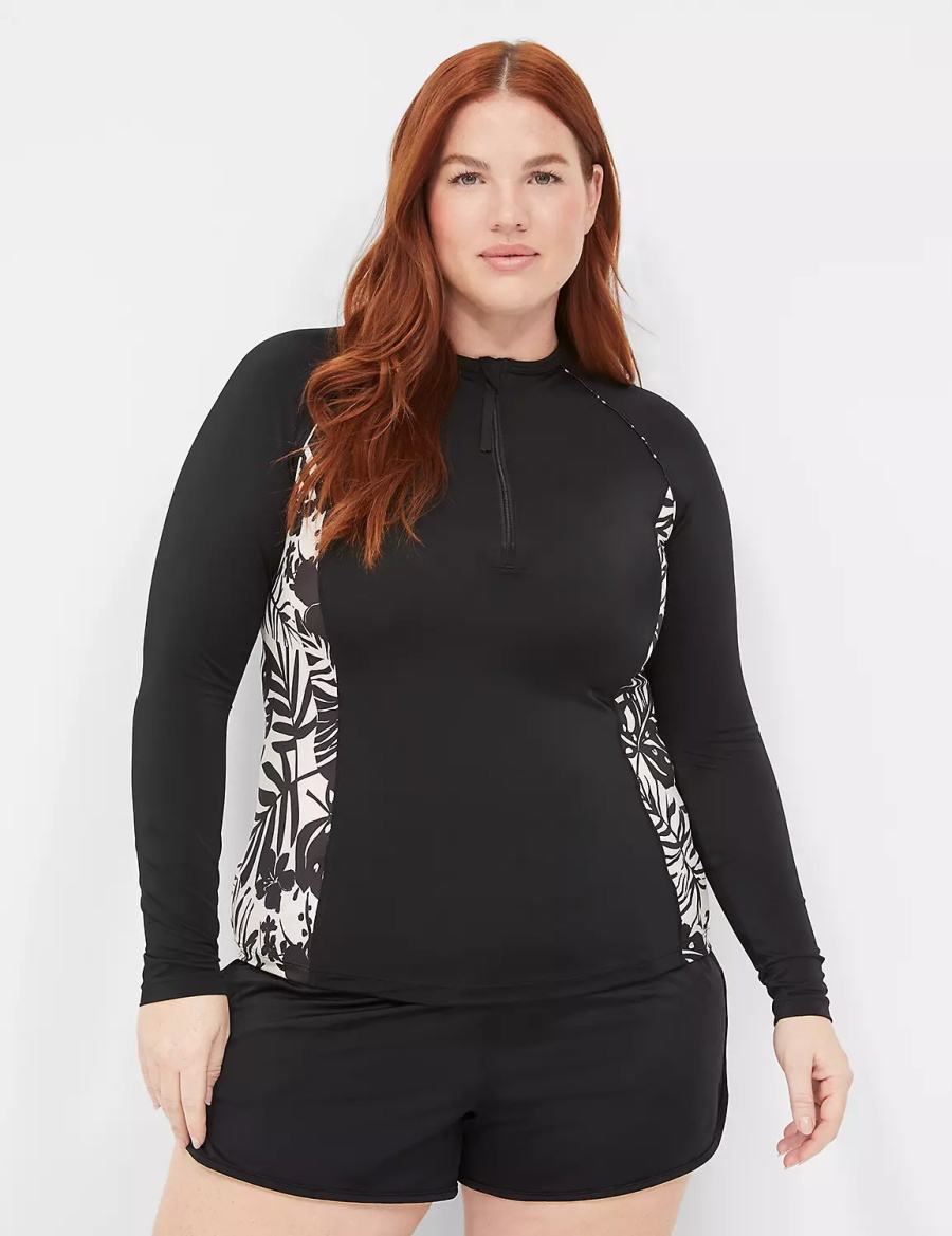 Lane Bryant Long-Sleeve Swim Rash Guard Women Swimsuits Black | KHA219XG