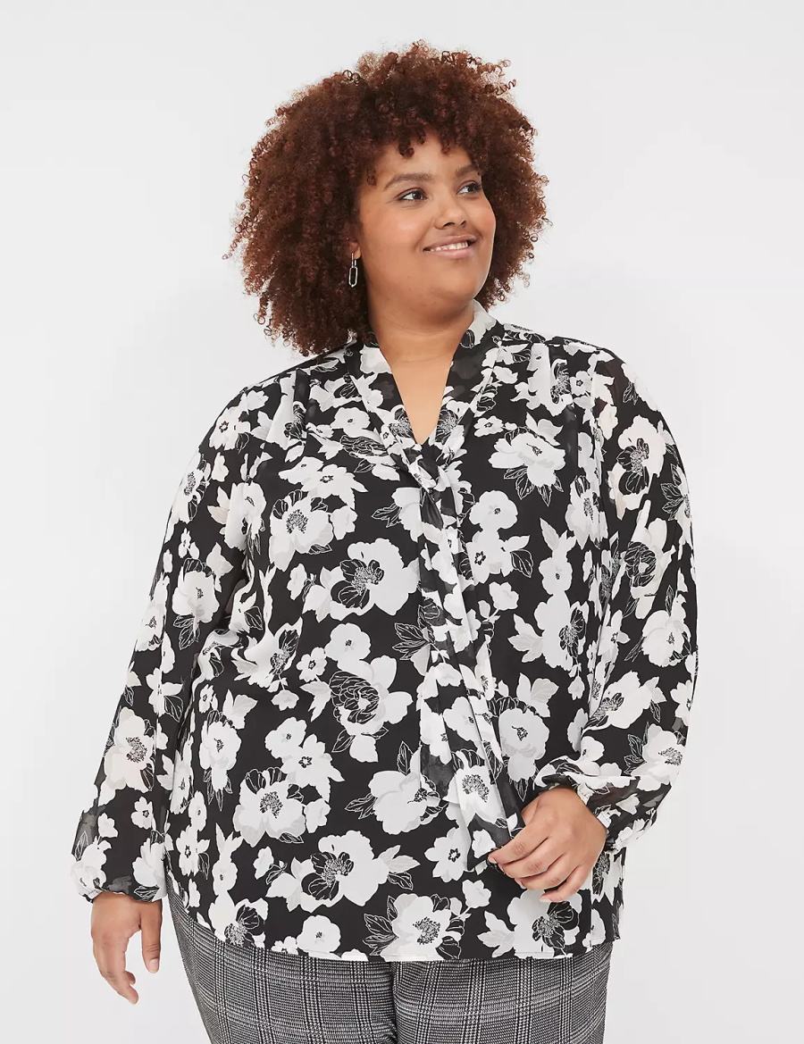 Lane Bryant Long-Sleeve Tie-Neck Popover Women Blouse Black White | JZY2425UT