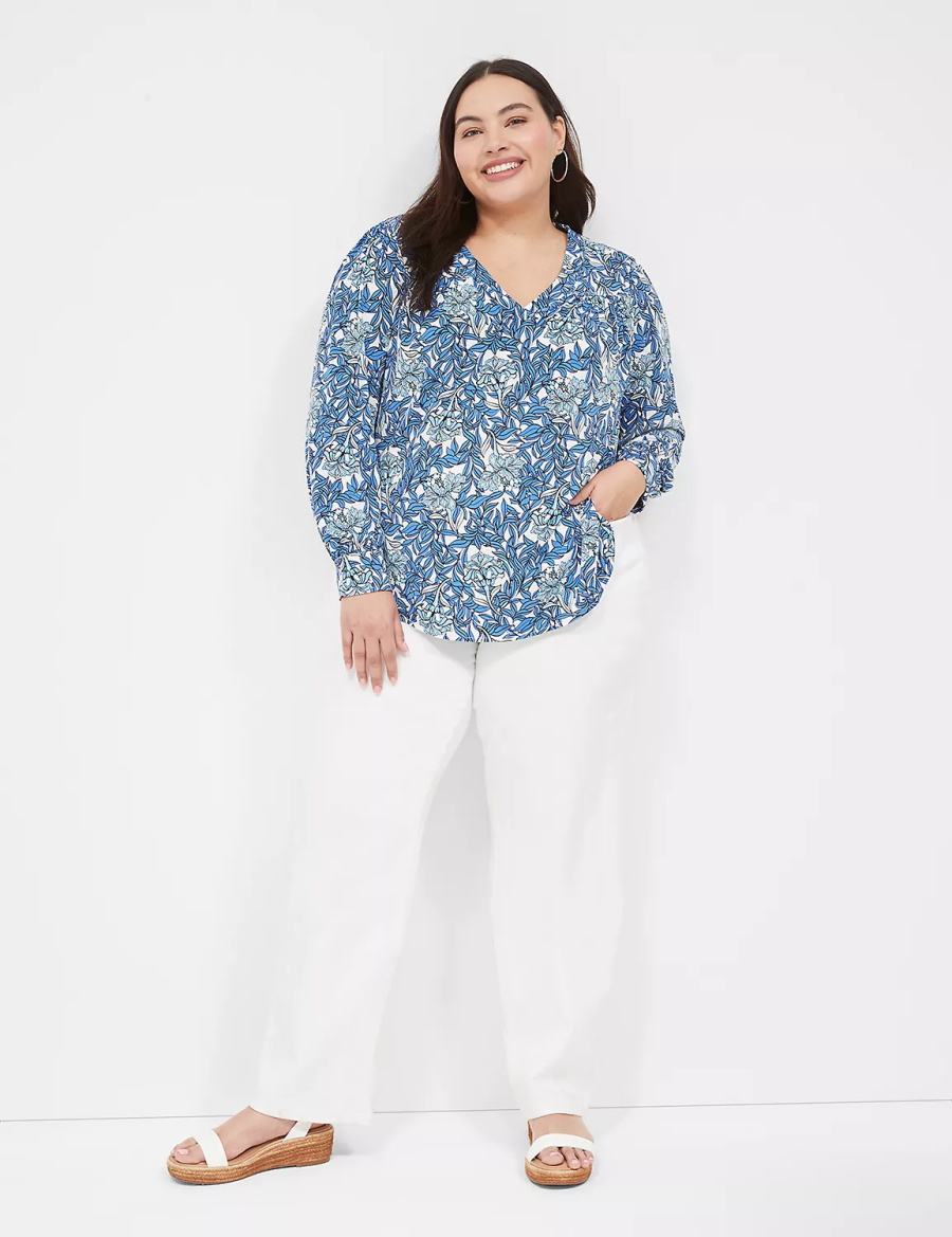 Lane Bryant Long-Sleeve V-Neck Women Blouse Blue | XNX3188YI