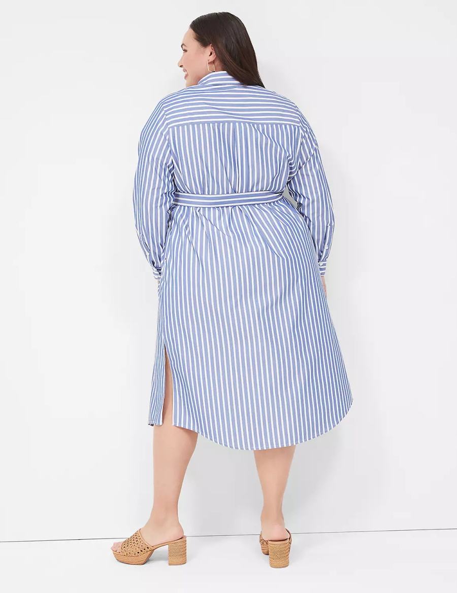 Lane Bryant Long-Sleeveed Midi Women Shirt Dress Blue Stripes | YTB1815HR