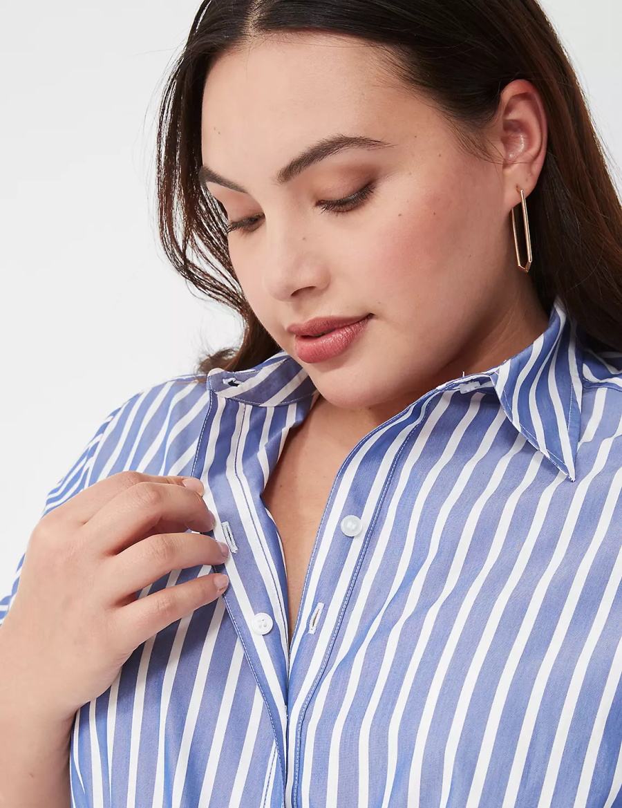 Lane Bryant Long-Sleeveed Midi Women Shirt Dress Blue Stripes | YTB1815HR