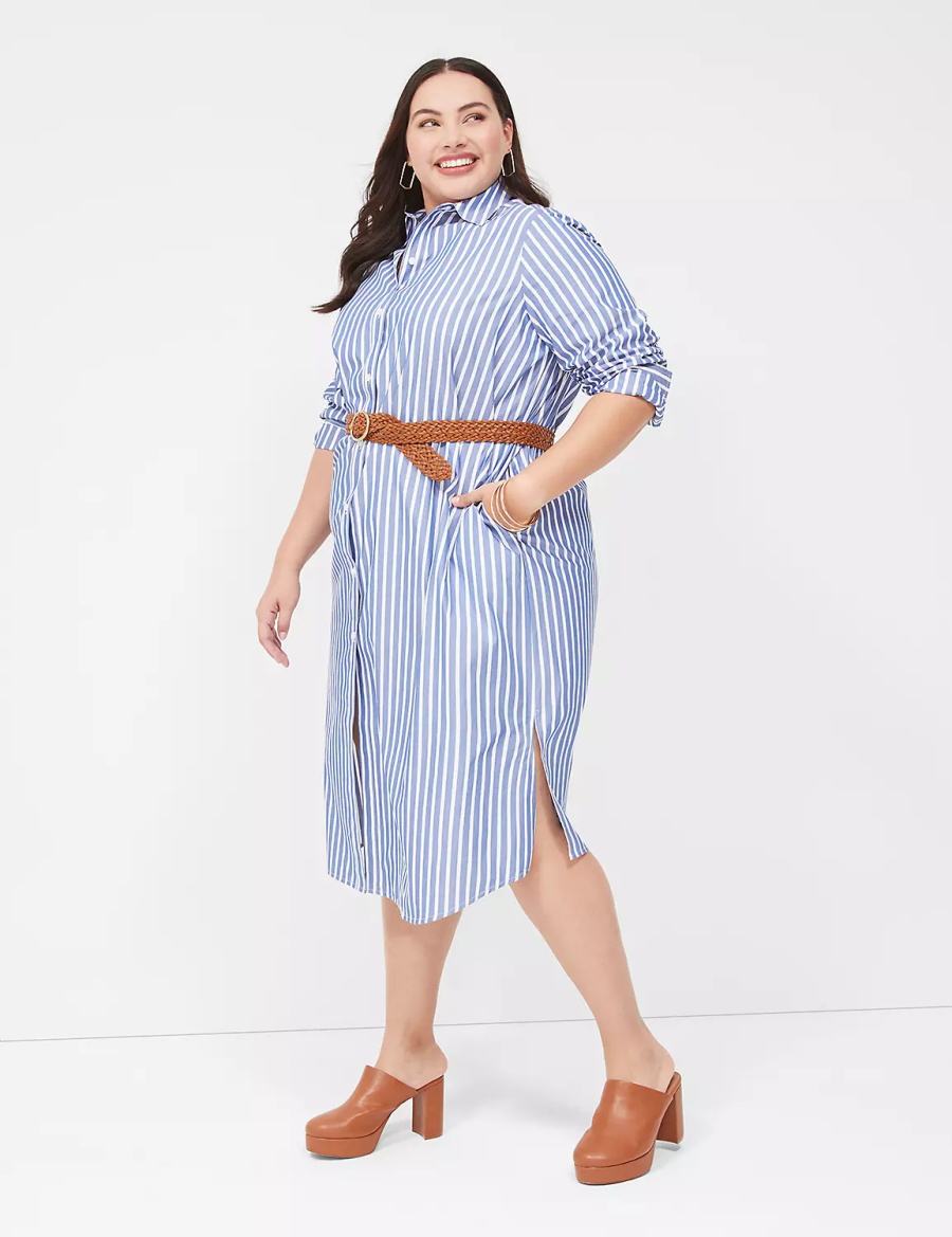 Lane Bryant Long-Sleeveed Midi Women Shirt Dress Blue Stripes | YTB1815HR