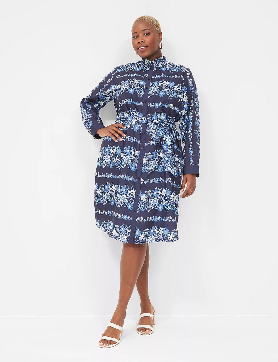 Lane Bryant Long-Sleeveed Midi Women Shirt Dress Dark Blue | LXA9880FC