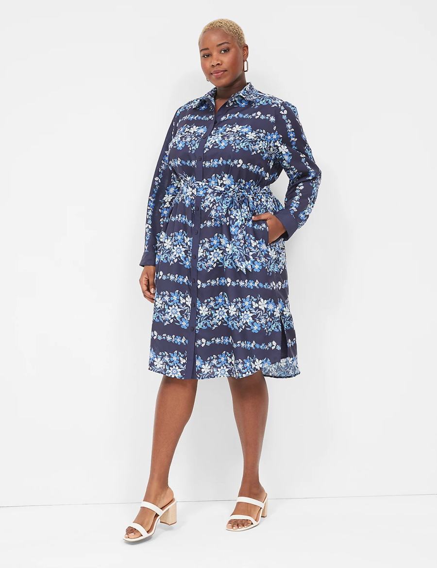 Lane Bryant Long-Sleeveed Midi Women Shirt Dress Dark Blue | LXA9880FC