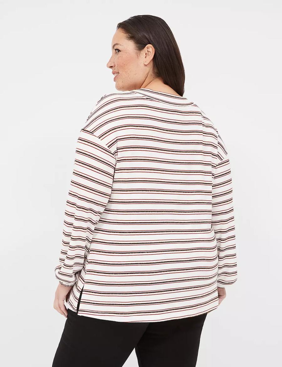 Lane Bryant Lurex Blouson-Sleeve V-Neck Tunic Women T Shirts White Black Stripes | EGG626IW