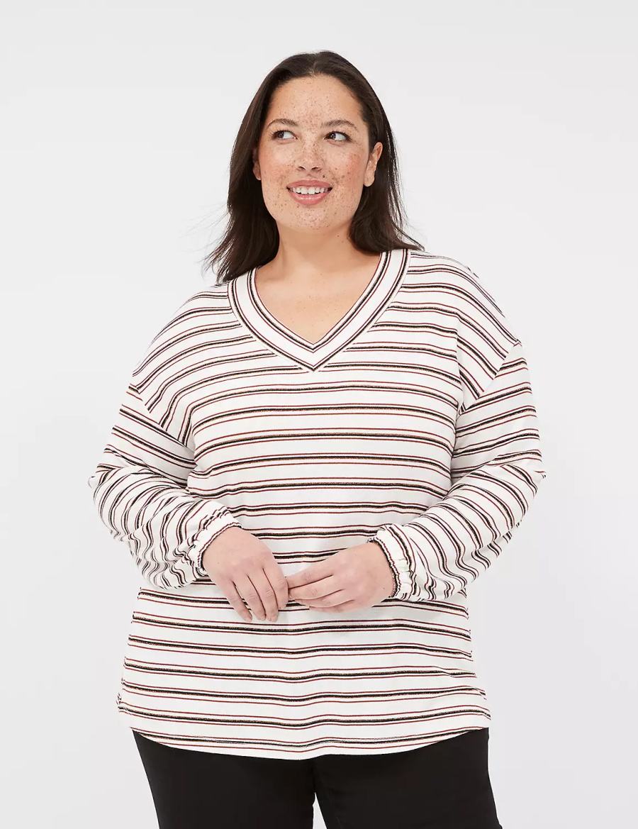 Lane Bryant Lurex Blouson-Sleeve V-Neck Tunic Women T Shirts White Black Stripes | EGG626IW