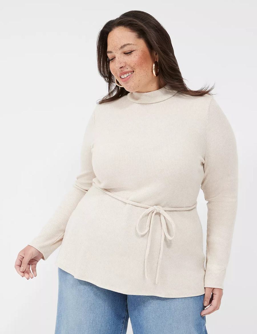 Lane Bryant Lurex Mock-Neck Tie-Waist Top Women Sweaters Beige | CPM752ZG