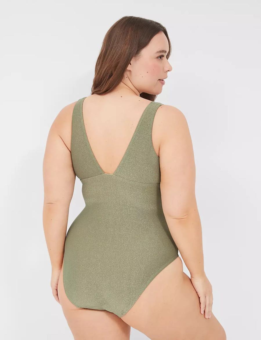 Lane Bryant Lurex No-Wire Plunge One-Piece Women Swimsuits Green | BUK3174BI