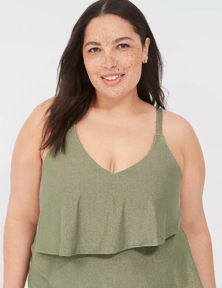 Lane Bryant Lurex No-Wire Three-Tier Tankini Women Bikini Top Green | KNL8043YX