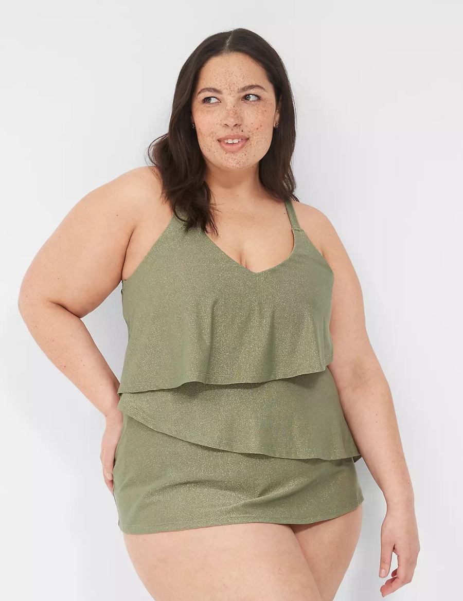 Lane Bryant Lurex No-Wire Three-Tier Tankini Women Bikini Top Green | KNL8043YX