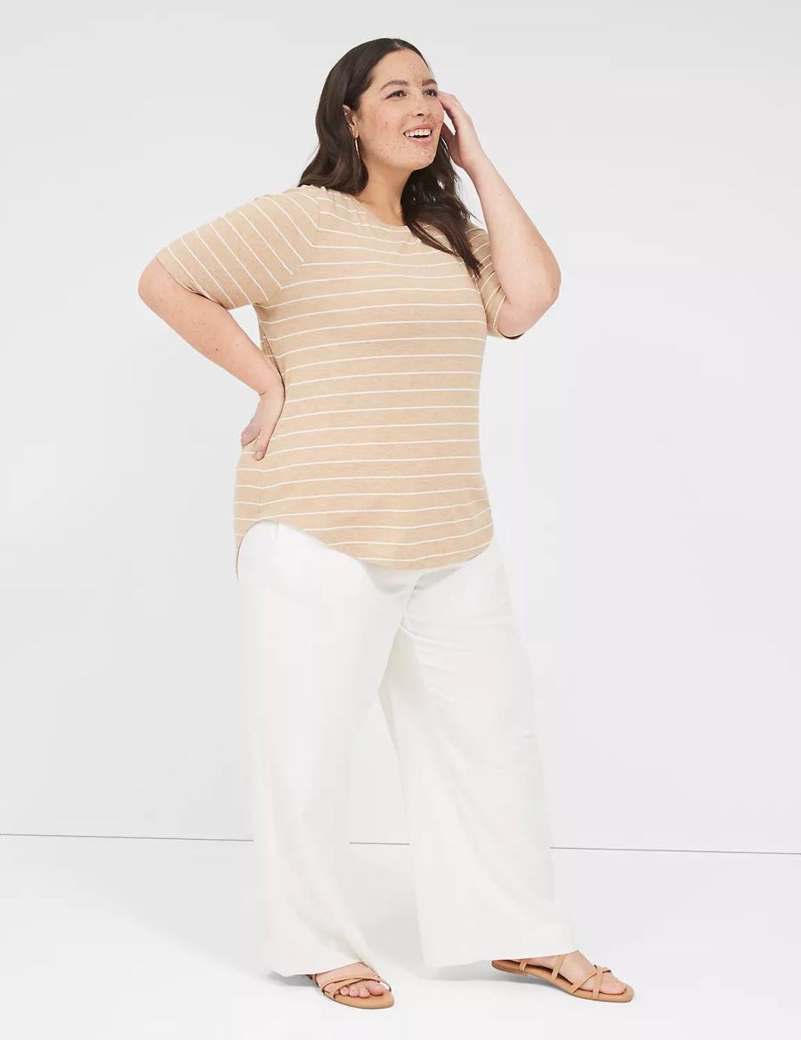 Lane Bryant Lurex Perfect Sleeve Crew-Neck Tee Women T Shirts Brown Stripes | AXB7039YA