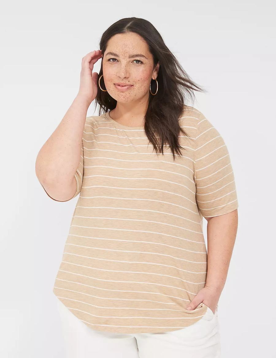 Lane Bryant Lurex Perfect Sleeve Crew-Neck Tee Women T Shirts Brown Stripes | AXB7039YA