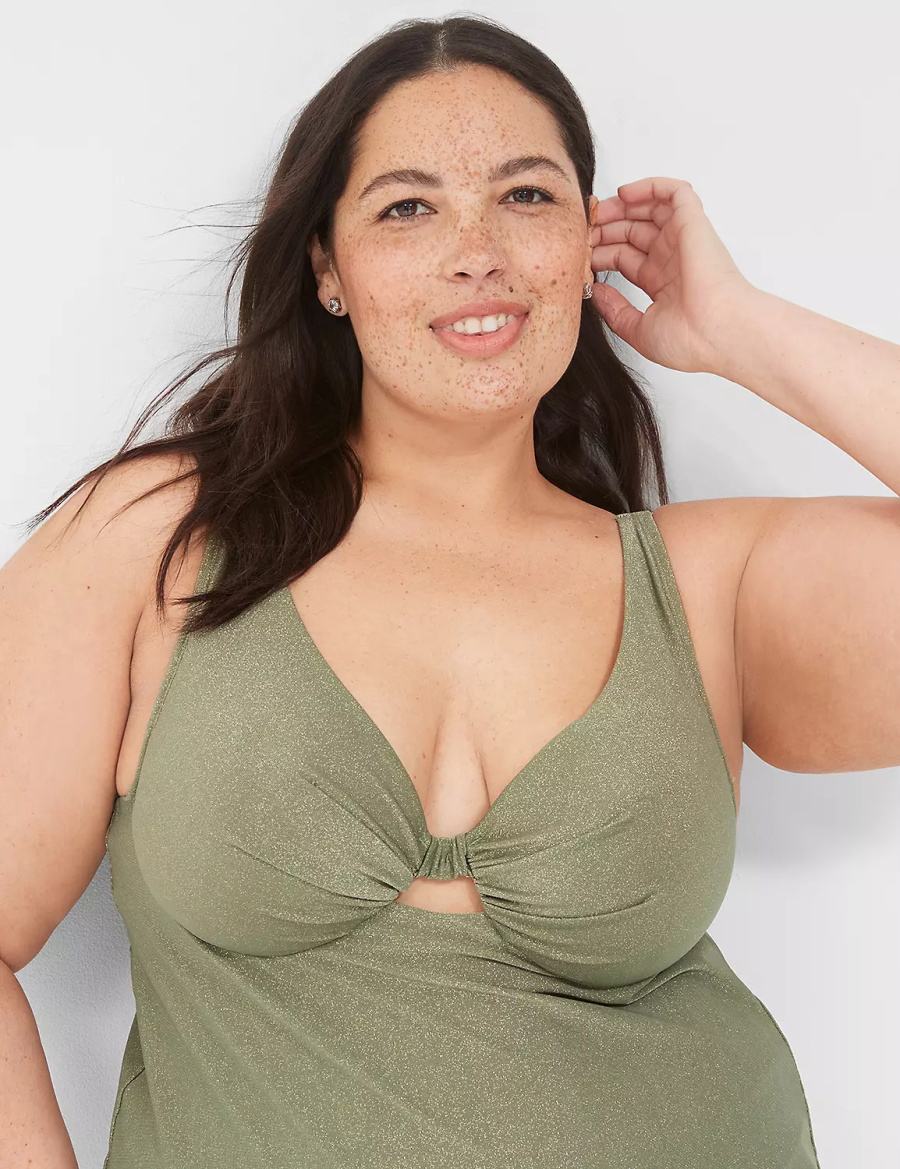 Lane Bryant Lurex Underwire Knot-Front Tankini Women Bikini Top Green | YQX1595XG