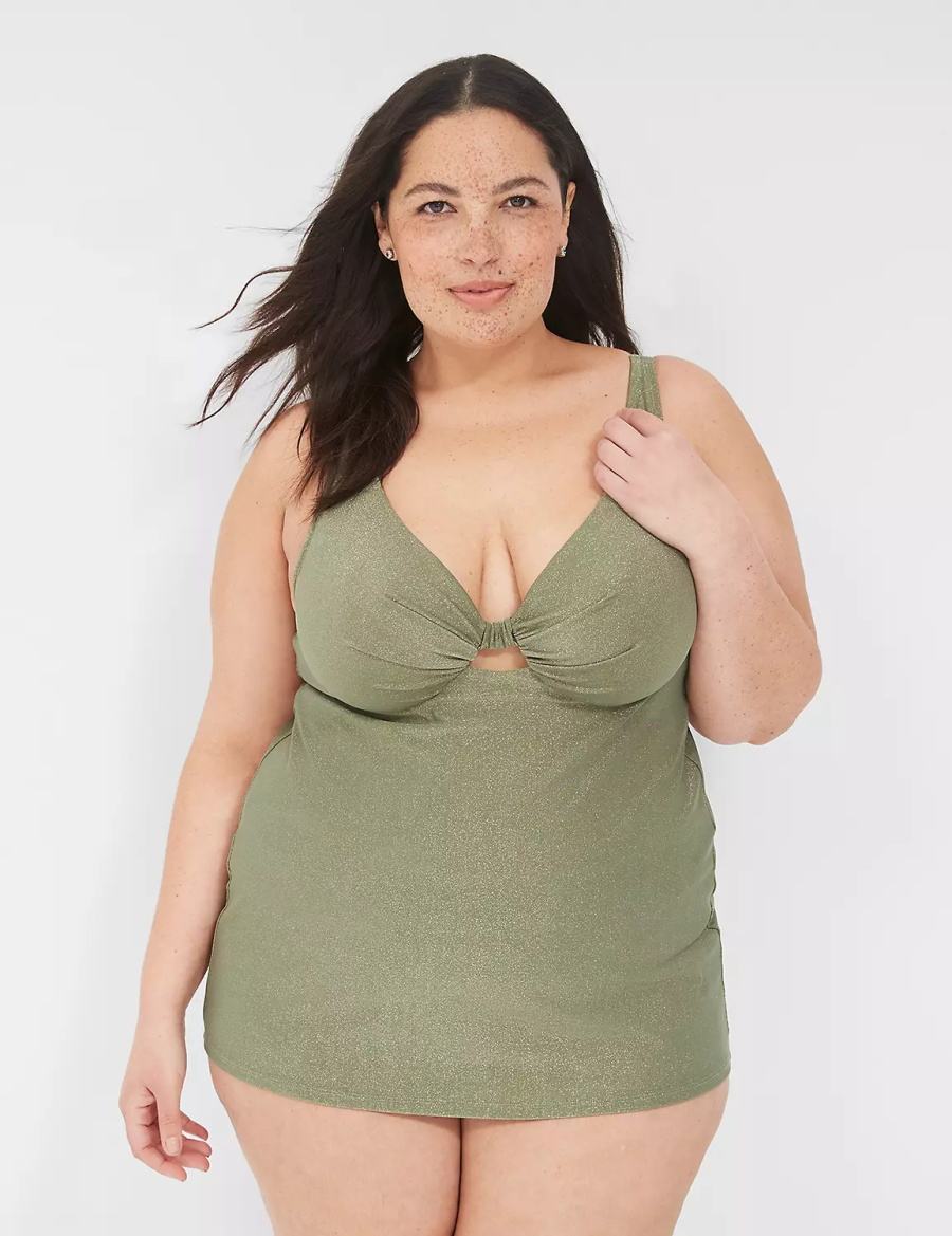 Lane Bryant Lurex Underwire Knot-Front Tankini Women Bikini Top Green | YQX1595XG